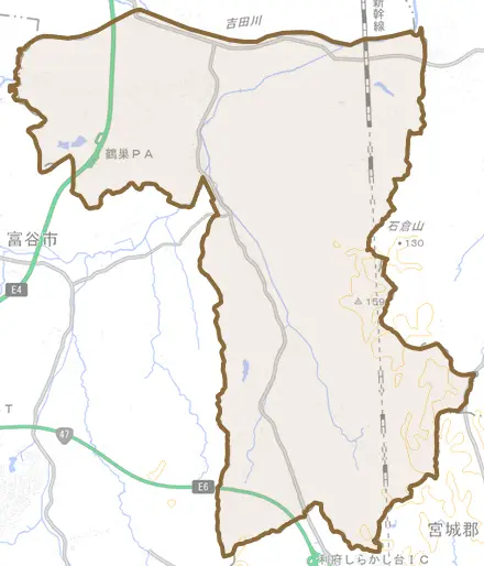 鶴巣北目大崎とその周辺の地図。町の範囲を重ねている
