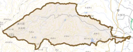 吉田とその周辺の地図。町の範囲を重ねている