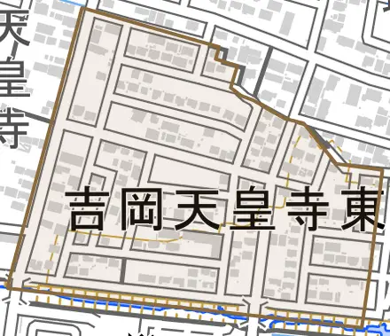 吉岡とその周辺の地図。町の範囲を重ねている