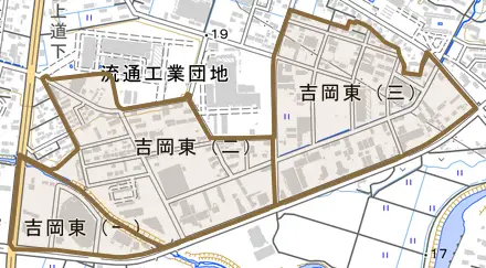 吉岡東とその周辺の地図。町の範囲を重ねている