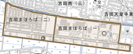 吉岡まほろばとその周辺の地図。町の範囲を重ねている