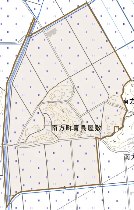 南方町青島屋敷とその周辺の地図。町の範囲を重ねている