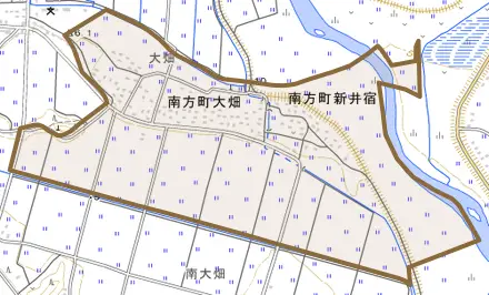 南方町堂地とその周辺の地図。町の範囲を重ねている