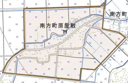 南方町原屋敷とその周辺の地図。町の範囲を重ねている