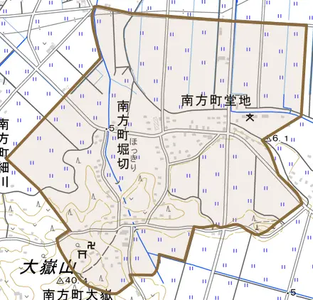 南方町堀切とその周辺の地図。町の範囲を重ねている