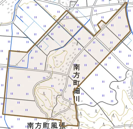 南方町細川とその周辺の地図。町の範囲を重ねている