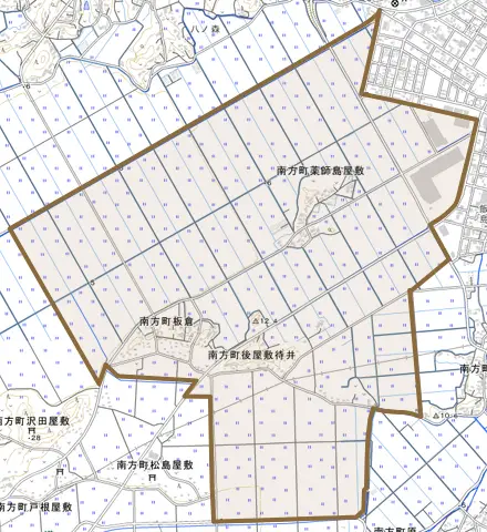 南方町板倉とその周辺の地図。町の範囲を重ねている