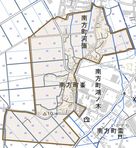 南方町峯とその周辺の地図。町の範囲を重ねている