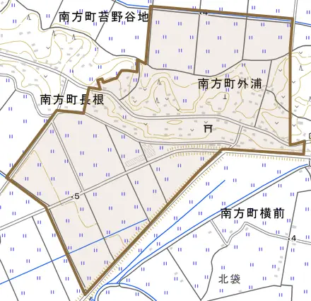 南方町長根とその周辺の地図。町の範囲を重ねている