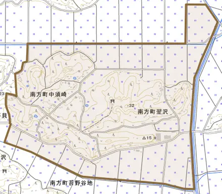 南方町中須崎とその周辺の地図。町の範囲を重ねている