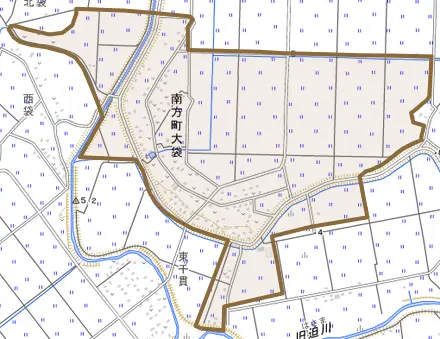 南方町大袋とその周辺の地図。町の範囲を重ねている