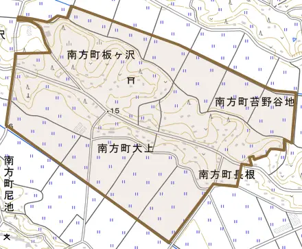 南方町大上とその周辺の地図。町の範囲を重ねている