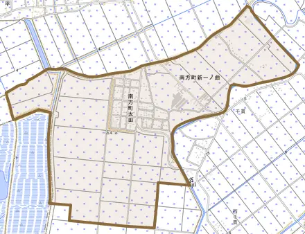 南方町太田とその周辺の地図。町の範囲を重ねている