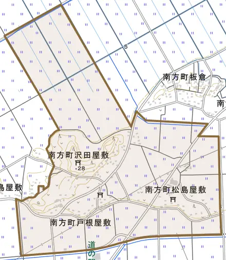 南方町沢田屋敷とその周辺の地図。町の範囲を重ねている