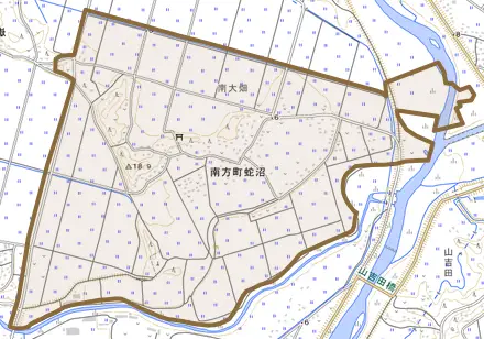 南方町瀬川とその周辺の地図。町の範囲を重ねている