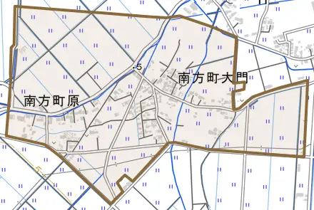 南方町宿畑とその周辺の地図。町の範囲を重ねている
