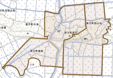 南方町高石とその周辺の地図。町の範囲を重ねている