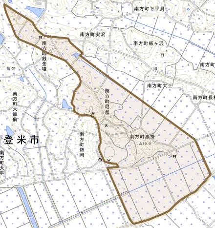 南方町堤田とその周辺の地図。町の範囲を重ねている
