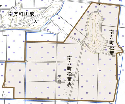 南方町内鰐丸とその周辺の地図。町の範囲を重ねている