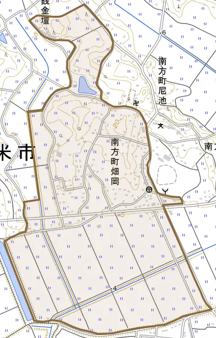 南方町銭金壇とその周辺の地図。町の範囲を重ねている