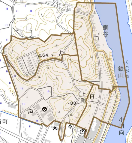 登米町寺池上町とその周辺の地図。町の範囲を重ねている