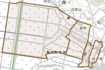 登米町寺池前舟橋とその周辺の地図。町の範囲を重ねている