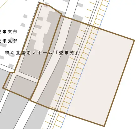 登米町寺池荒町とその周辺の地図。町の範囲を重ねている