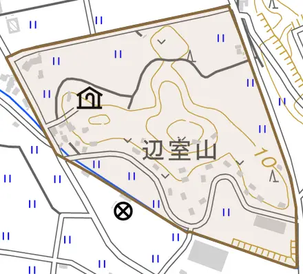 登米町寺池辺室山とその周辺の地図。町の範囲を重ねている