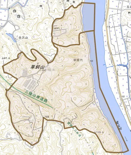 登米町寺池道場とその周辺の地図。町の範囲を重ねている