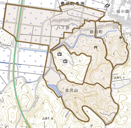 登米町寺池鉄砲町とその周辺の地図。町の範囲を重ねている