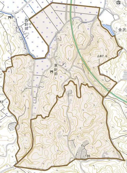 登米町小島東針田とその周辺の地図。町の範囲を重ねている