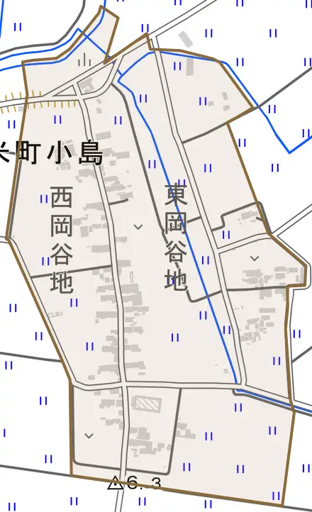 登米町小島西岡谷地とその周辺の地図。町の範囲を重ねている