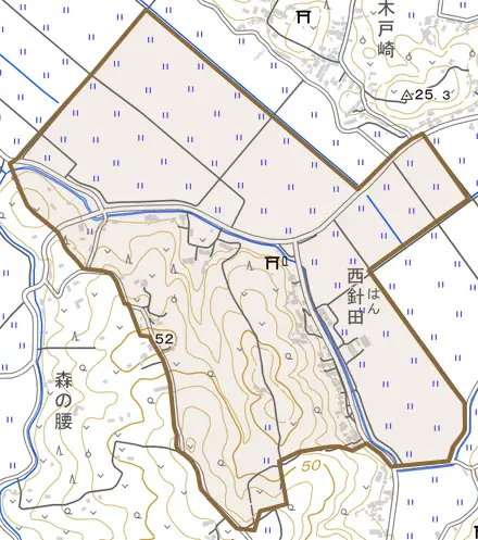 登米町小島西針田とその周辺の地図。町の範囲を重ねている