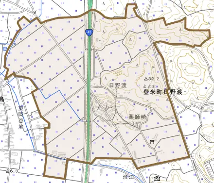 登米町日野渡南田とその周辺の地図。町の範囲を重ねている