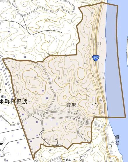 登米町日野渡蛭沢とその周辺の地図。町の範囲を重ねている