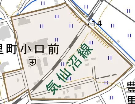 豊里町土手下とその周辺の地図。町の範囲を重ねている