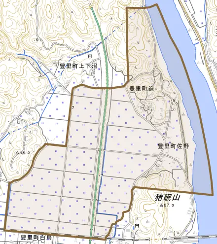 豊里町迫とその周辺の地図。町の範囲を重ねている