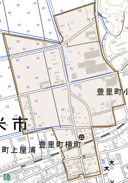豊里町東待井下とその周辺の地図。町の範囲を重ねている