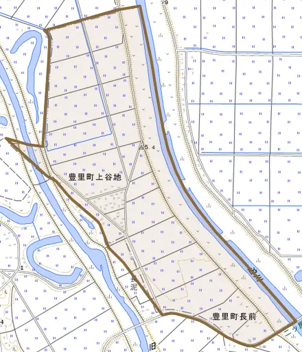 豊里町上谷地とその周辺の地図。町の範囲を重ねている