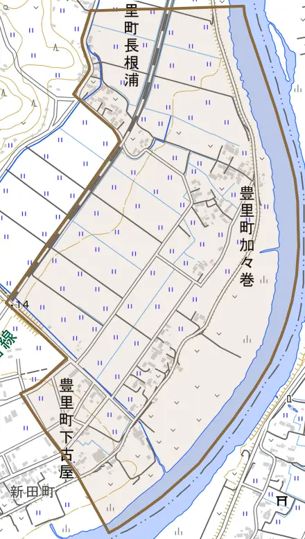 豊里町長根浦とその周辺の地図。町の範囲を重ねている