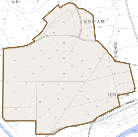 豊里町大曲とその周辺の地図。町の範囲を重ねている