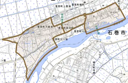 豊里町新田町とその周辺の地図。町の範囲を重ねている
