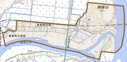 豊里町白鳥とその周辺の地図。町の範囲を重ねている
