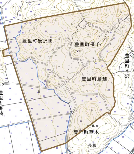 豊里町鳥越とその周辺の地図。町の範囲を重ねている