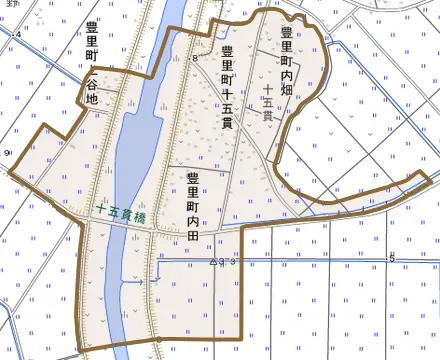 豊里町内畑とその周辺の地図。町の範囲を重ねている