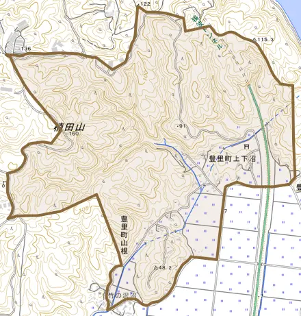 豊里町山根とその周辺の地図。町の範囲を重ねている