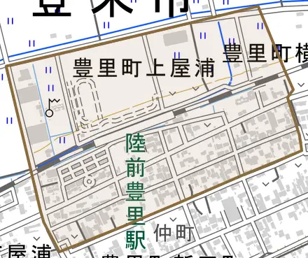 豊里町横町とその周辺の地図。町の範囲を重ねている