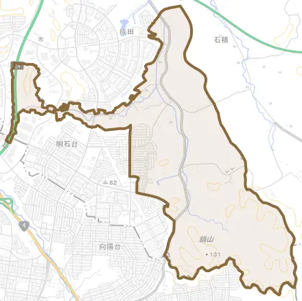 明石とその周辺の地図。町の範囲を重ねている