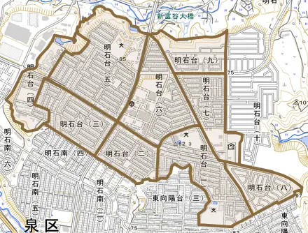 明石台とその周辺の地図。町の範囲を重ねている