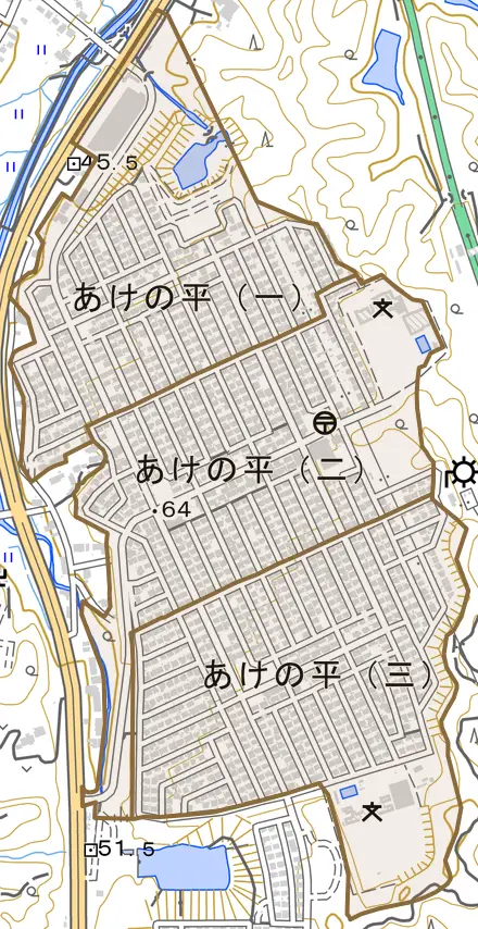 あけの平とその周辺の地図。町の範囲を重ねている